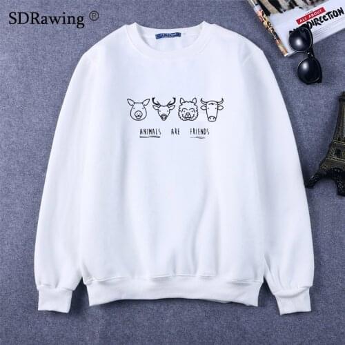 Cute Animals are friends print cotton Sweatshirts Vegan Shirt Clothing Women Unisex casual tops o neck Sweatshirts plus size