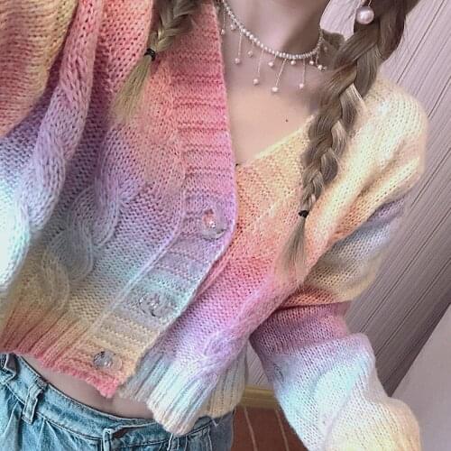 Korean Fashion Kawaii Womens Crop Long Sleeve Top Cute Rainbow Colors Casual Sexy Woman Sweater Aesthetic Clothes Cardigan
