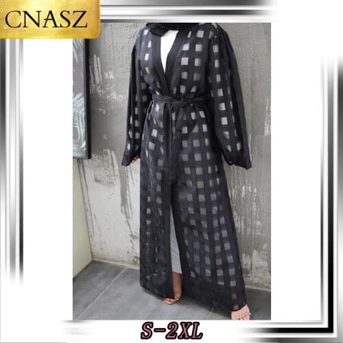 Muslim UAE 2020 Long Sleeve Dubai Black Plaid Abays For Women Kimono Cardigan Hijab Dress Islamic Clothing