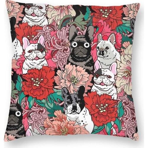Flowers French Bulldog Pillowcase Home Decorative Cushion Cover Throw Pillow for Car Polyester Double-sided Printing Casual