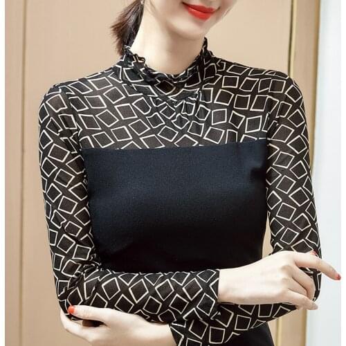 New 2021 Autumn Long Sleeve Womens T-Shirt Elegant Slim Turtleneck Patchwork Mesh Tops Plus Size M-4XL Women Clothing