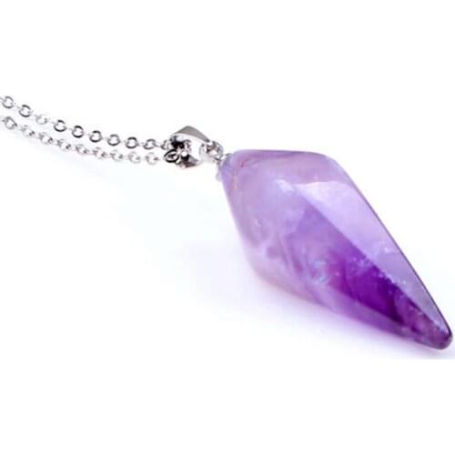KFT Silver Plated Natural Stones Hexagon Pyramid Stone Pendant Natural Purple Amethysts Crystal Quartz Necklace Charm Jewelry