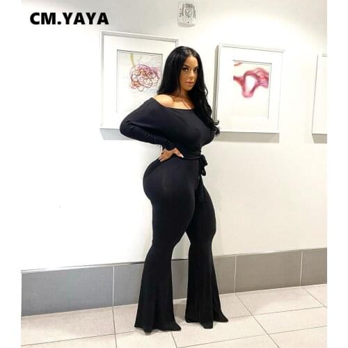CM.YAYA Autumn Streetwear Bodycon Off Shoulder Stacked Batwing Sleeve Flare Jumpsuit Women Active Wear Romper One Piece Overalls