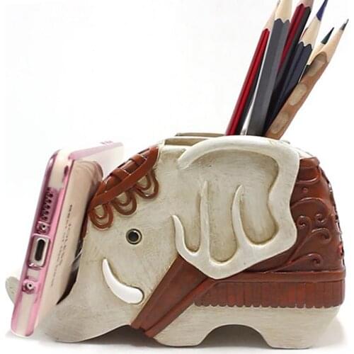 Vintage Elephant Shape Pen Storage Pot Pencil Holder with Cell Phone Stand Desk Organizer Decoration Office Stationery