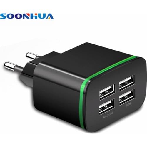 SOONHUA 4 Ports LED Light USB Charger EU Plug Charging Adapter Universal Mobile Phone Wall Charger For iPhone 5 6 iPad Samsung