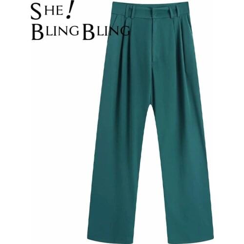 SheBlingBling Za Woman 2021 Casual Traf Trousers Autumn Folds Front Side Pockets High Waist Straight Loose Career Long Pants