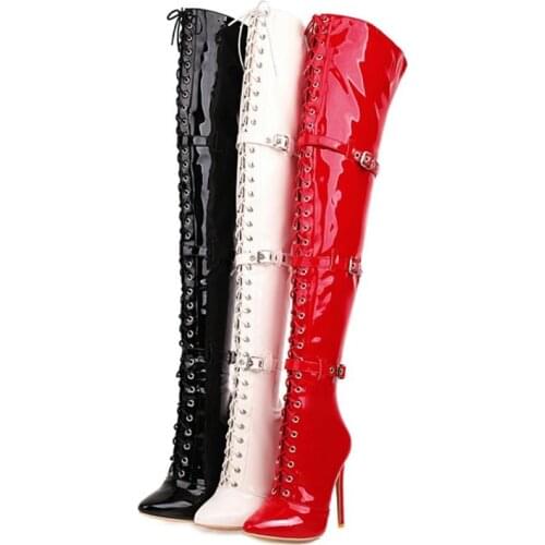 PXELENA Women Stiletto Heel Patent Leather Over The Knee Boots Large Size 34-45 Lace Up Buckle Winter Thigh High Boots Nightclub
