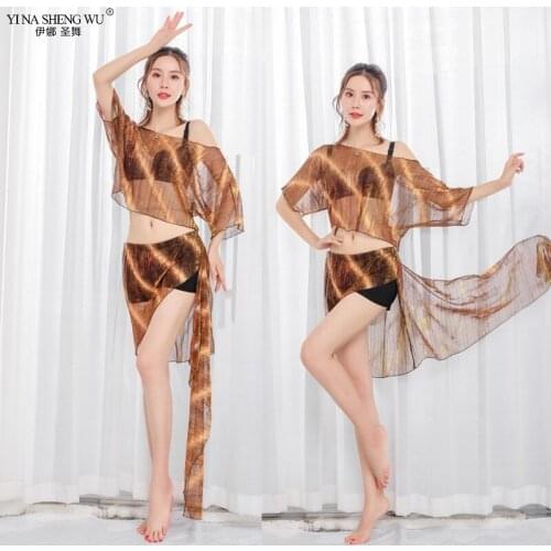 Belly Dance Bat Sleeve Shirt Exercise Clothes New Set Of Mesh Silver Silk Split Skirt Female Bellydance Competition Costumes