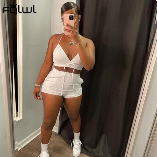 FQLWL Summer Streetwear 2 Two Piece Sets Women Tracksuit Outfits Halter Backless Crop Top Shorts Suits White Casual Matching Set