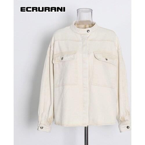 ECRURANI Patchwork Casual Solid Jacket For Women Stand Collar Long Sleeve Pocket Loose Jackets Females New Clothing 2021 Stylish