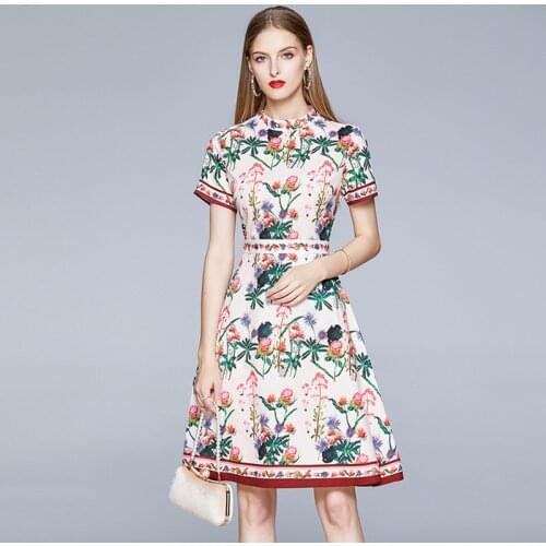 Fashion Design Print Dress Summer Vintage collar mid waistElegant lady temperament A-line skirtFemale Slim Runway Dress