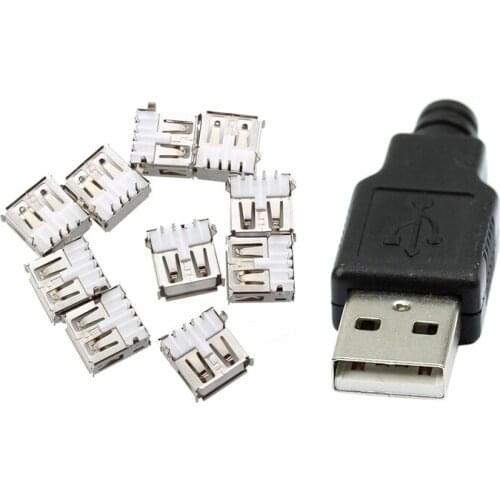 20Pcs Connector: 10Pcs USB Type-A Socket 90-Degree Female Connector & 10Pcs Type A Male USB 4 Pin Plug Socket Connector