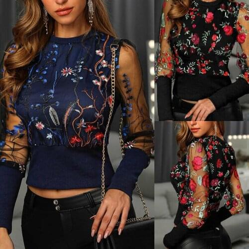 2020 Womens Casual Sport Blouse Shirt Tops Long Sleeve Sexy Lady Loose Jumper Pullover Net See Through Black Blue S-2XL