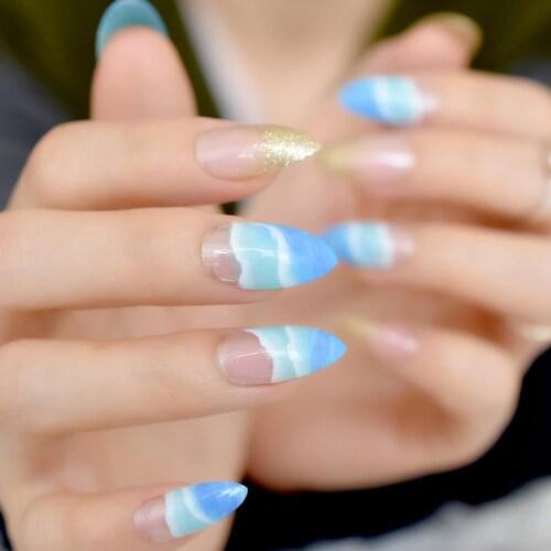 24 pieces STILETTO shape Fake Nails Sky Blue Love Beach Love Summer Glitter Pointed Ladies Press On Designed Nail Tips
