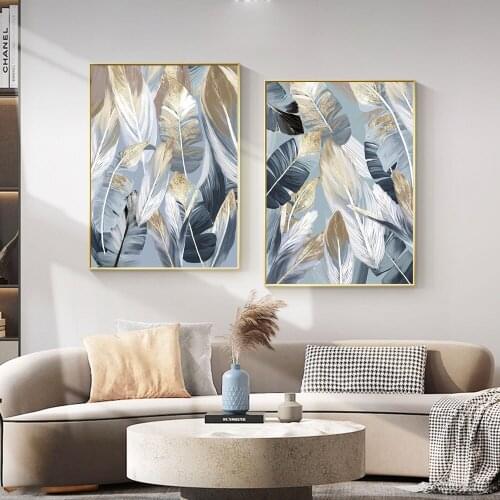 Abstract Golden Leaf Flower Wall Art Canvas Painting Nordic Black white feathers Poster Print Wall Picture for Living Room Decor