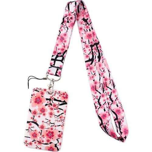 BG995 Cherry Blossoms Lanyard Credit Card ID Holder Bag Student Women Travel Card Cover Badge Car Keychain Gifts Accessories