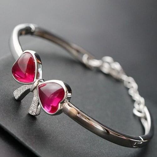 New handmade red corundum female bracelet s925 solid pure silver bow fashion opening woman bracelet silver