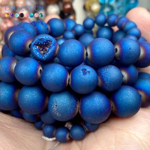 Natural Stone Blue Plated Druzy Agates Beads Loose Spacer Round For Jewelry Making 6-12MM DIY Bracelet Accessories Wholesale
