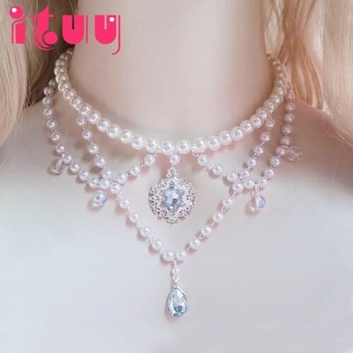 Handmade Lolita Necklace Gorgeous Rococo Style Multilayer Pearl Crystal Gem Bead Chain Collarbone Chain Wedding Bride Accessory