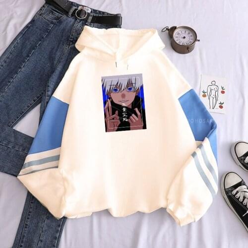 Harajuku Anime Jujutsu Kaisen Gojo Satoru Patchwork Hoodies Women Funny Cartoon Kwaii Pullover Unisex Oversize Trendy Sweatshirt