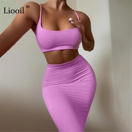 Liooil Two Piece Tight Set Sexy Short Corset Tops And Midi Skirt 2021 Sleeveless High Waist 2pcs Matching Outfits Skirts Sets
