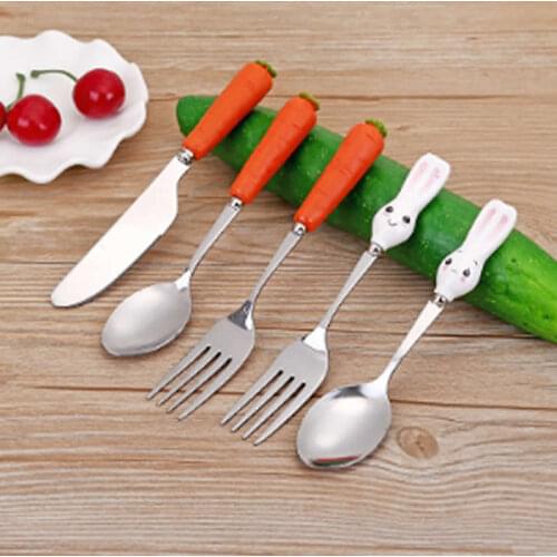 Baby Fedding Utensils Lovely Carrot Rabbit Fork Baby Kids Feed Stainless Steel Baby Spoon Flatware Cute Plug Handle Tableware