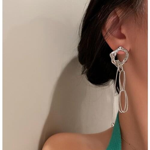 SRCOI Trendy Hollow Metallic Irregular Geometry Tassel Drop Earrings Lady Long Fringe Earrings With Ball Charms Creative Jewelry