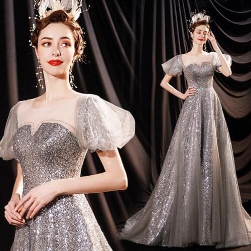 New Silver Sequin Wedding Dress Crystal Beads Evening Dress Plus Size Tulle See Through O Neck Puff Sleeve vestidos elegantes