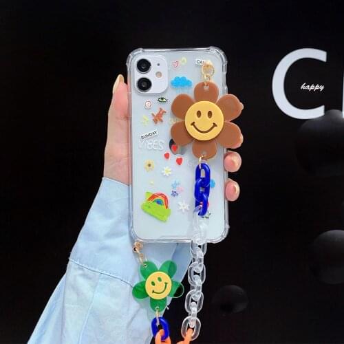 Shockproof Wrist Chain Clear Phone Case For iPhone 12 11 Pro Max 7 8Plus XR X SE20 Cute Smile Flower Crystal Bracket Cover Shell