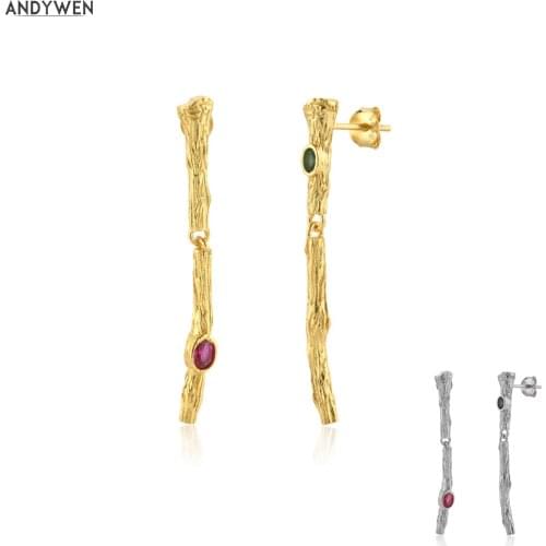ANDYWEN 925 Sterling Silver Gold Trunk Line Drop Earring Women Fashion Jewelry 2020 Clips Red Green Fine Jewels Wedding Gift