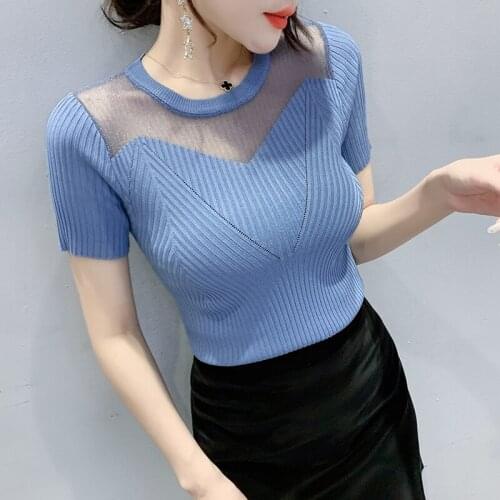 2021summer Womens Hollow out knitting T-Shirts Short Sleeves Solid Color O Neck Splicing Women T shirt Tops
