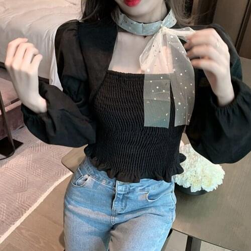 Square neck velvet shirt womens autumn and winter design sense niche net yarn sequins bowknot hanging neck thick blouse