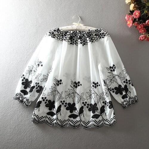 Womens Spring summer sexy slash neck hollow out embroidery vintage shirt Female casual loose cotton tops blouse TB1115