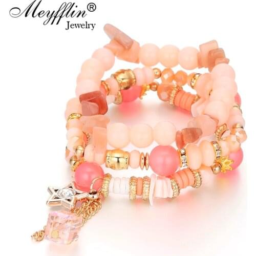 Meyfflin Acrystal Beads Bracelets for Women Fashion Multilayer Charm Bracelet with Star Crystal Pendant Strand Pulseras Jewelry