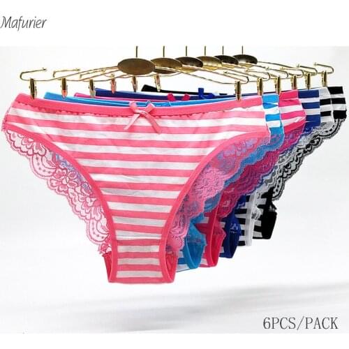 Mafurier Free Shipping New Arrival Womens Striped Cotton Panties Female Sexy Transparent Lace Briefs Underwear Bikini 6Pcs/Lot