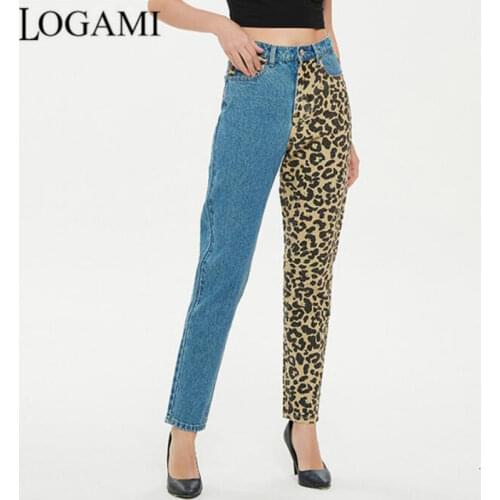 LOGAMI Leopard Patchwork Jeans for Women Spring Summer Straight Jeans Woman High Waist Denim Pants Streetwear