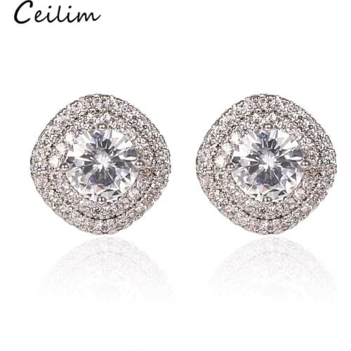 2020 New Silver Color Stud Earrings for Women Shining Crystal Round Zircon Earring Brand Design Jewelry Brincos