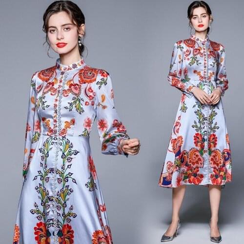 2021 Autumn Elegant Blue Dress Female High Quality Long sleeve Vintage print casual dress Vestidos