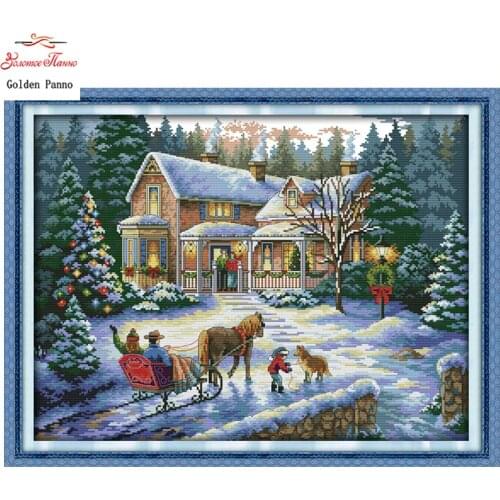 Golden Panno,Return from Christmas winter snowy Scenery,counted print on canvas DMC 14CT 11CT DMS Cross Stitch Embroidery kits23