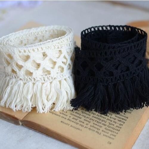 3 Meters 7cm Width Beige Black Cotton Tassel Lace Trim Fringe Lace Fabric for Dress Bag