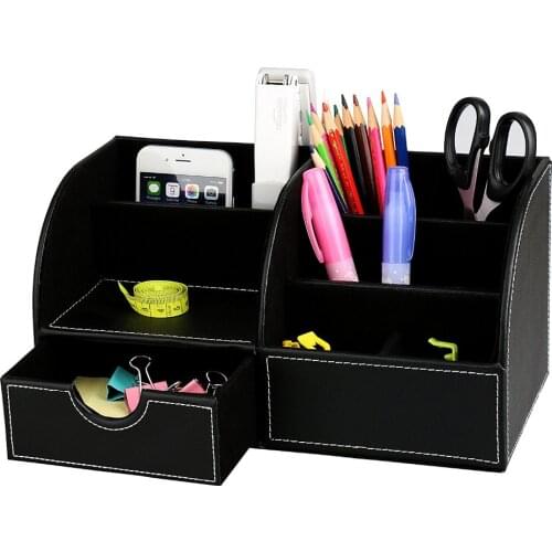 7 Storage Compartment PU Leather Desk Organizer Desktop Organizer Card/Pen/Pencil/Mobile Stationery Storage Box (Black)