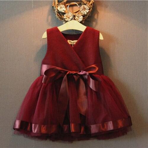 2-7 Years Kids Baby Girls Princess Dress Party Tulle Bow Gown Dress For Girls Cute Red Wine Formal Party Tutu Dress Girl Clothes