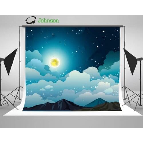 Night Sky Cloudy Stars Yellow Full Moon Mountains Calm Lake backdrop polyester or Vinyl cloth Computer print wall background