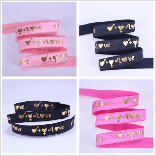 Valentine foe 5/8''gold foil Love print foe foil print fold over elastic FOE 4 colors for Valentines Day 50 yards