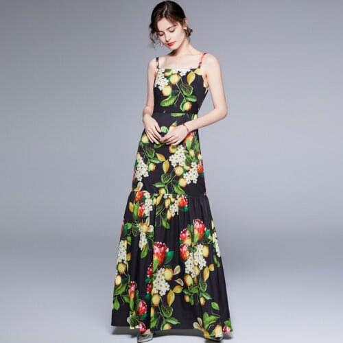 JSXDHK Fashion Runway Summer Holiday Maxi Dress Women Spaghetti Strap Lemon Printing Sexy Backless Fruits Beach Long Sundress