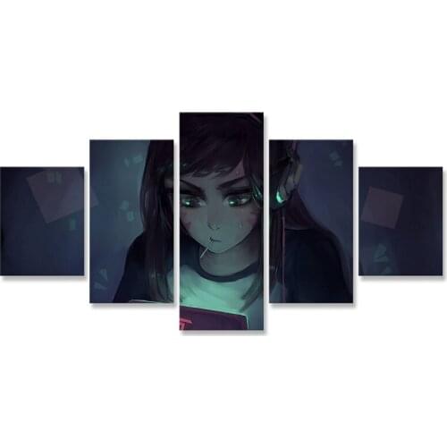 Overwatchs Girl D Va Canvas Painting 5 Panel Home Decor Game Poster Posters and Prints Wall Painting Living Room