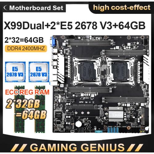 JINGSHA X99 Dual CPU Motherboard Set with E5-2678V3 CPU and DDR4 2*32GB=64GB ECC REG 2400MHZ Dual Gigabit Ethernet VGA USB3.0