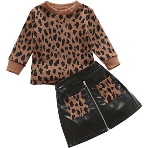 Baby Girls Two Piece Clothes Set Toddlers Leopard Round Neck Long Sleeve Pullover Top+Hip Pocket Skirt for Kids