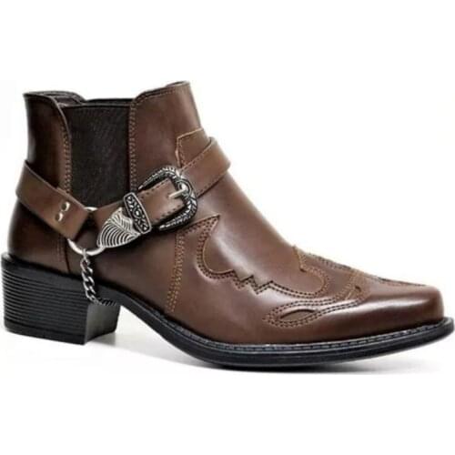 Autumn New Men Ankle Boots Chelsea Boots Thick Heel Pointed Metal Decoration Adjustable Belt Buckle Boots Cowboy Shoes XM428