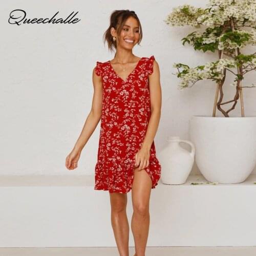 Red Floral Print A-Line Dresses Summer Sweet Flying Sleeve Ruffles Loose Dress Women Holiday Casual Elegant Short Dress Ladies
